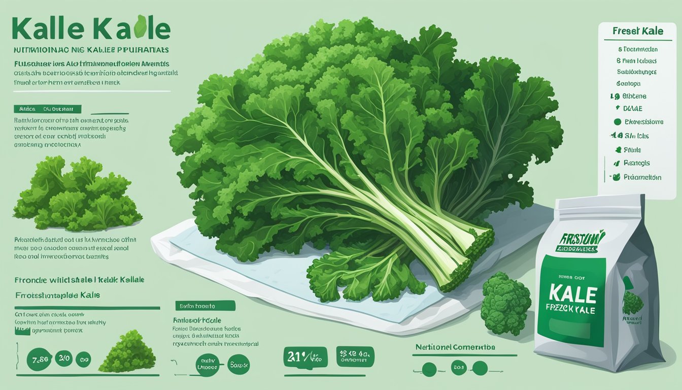 A pile of fresh kale sits next to a bag of frozen kale. Nutritional information is displayed in a comparison chart. The fresh kale is vibrant green, while the frozen kale appears frosty and slightly wilted