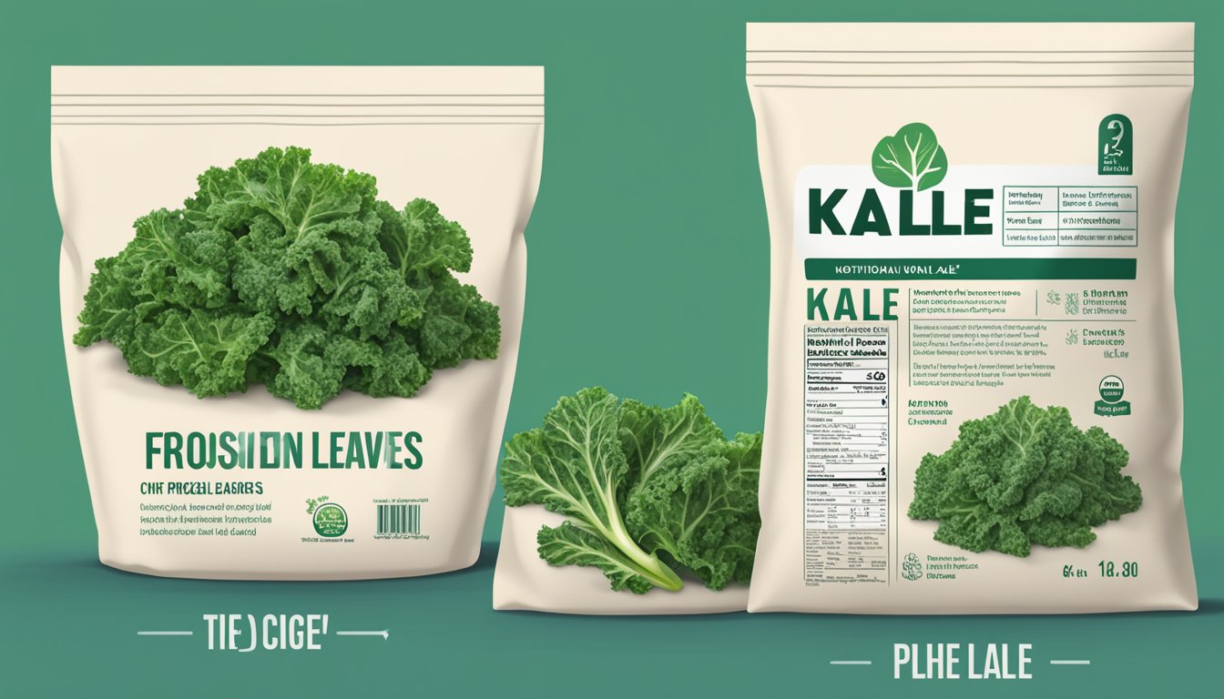 A pile of fresh kale leaves sits next to a bag of frozen kale, showcasing the difference between the two forms. Nutritional information hovers above the two piles