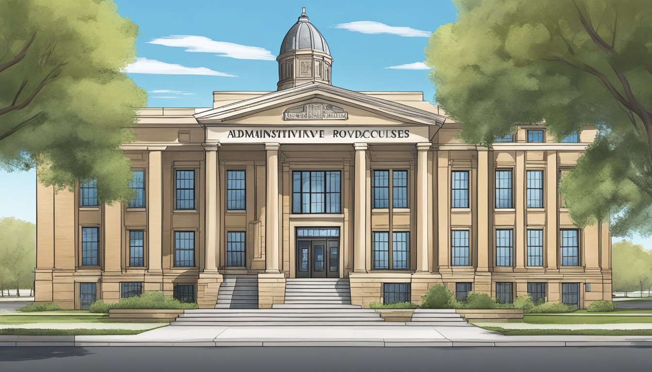 A courthouse with a sign displaying "Administrative Procedures and Violations" in Burnet County, Texas