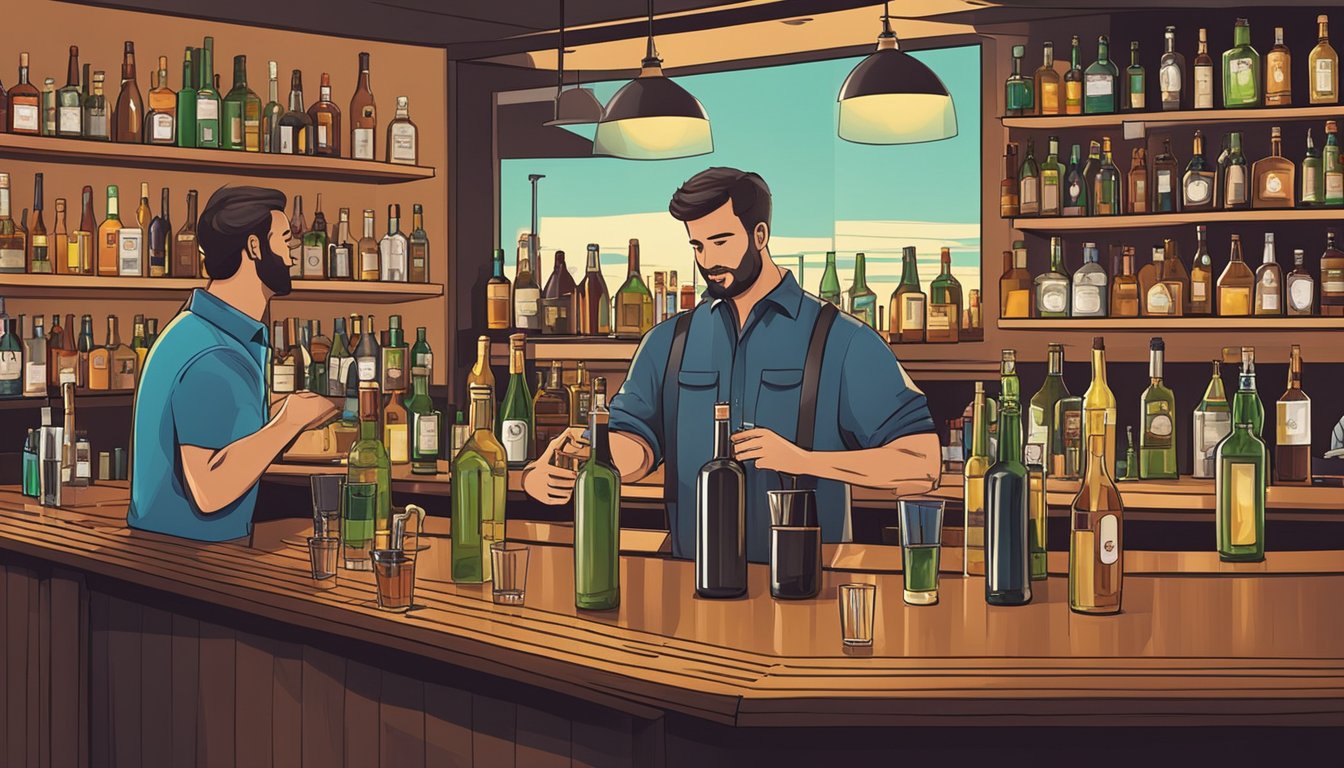 A busy bar counter with bottles of alcohol, glasses, and a bartender serving a customer