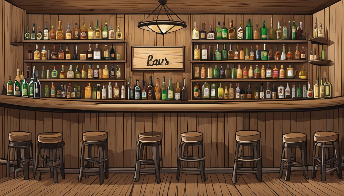 A rustic bar with shelves lined with various types of alcoholic beverages, including wine, beer, and spirits. A sign on the wall displays the alcohol and drinking laws of Burnet County, Texas