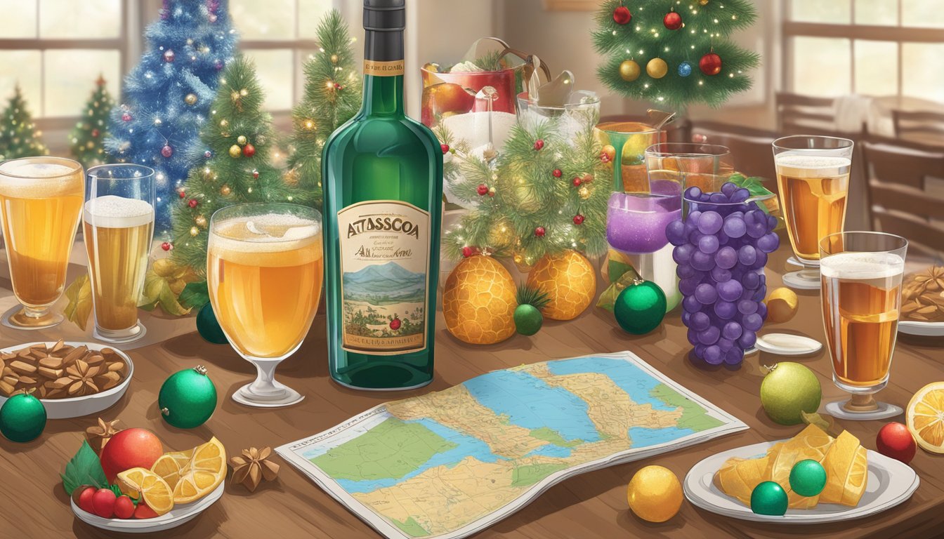 A festive scene with a county map of Atascosa, Texas and various alcoholic beverages displayed on a table, surrounded by holiday decorations