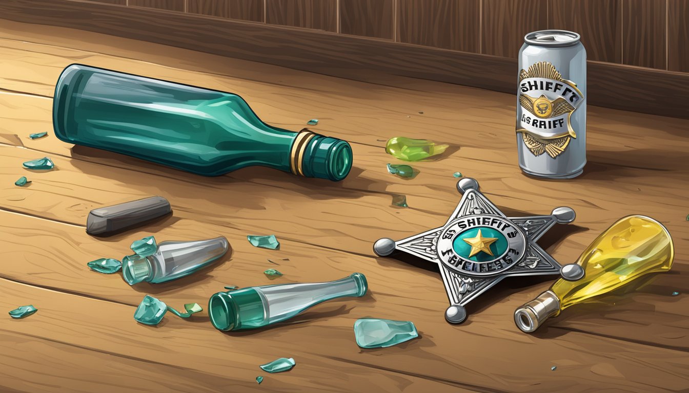 A sheriff's badge and a broken bottle on a barroom floor