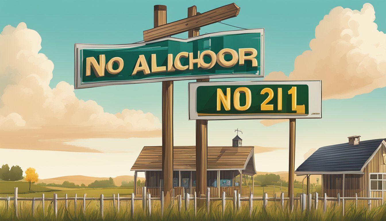 A rural landscape with a county border sign, a small town, and a bar with a "no alcohol under 21" sign