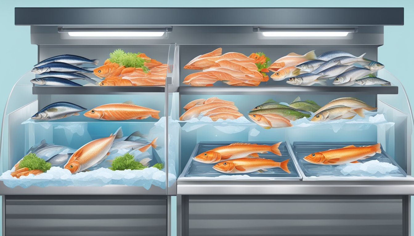 A fishmonger's stall with fresh fish on ice and a freezer with frozen fish, highlighting the contrast between the two storage options