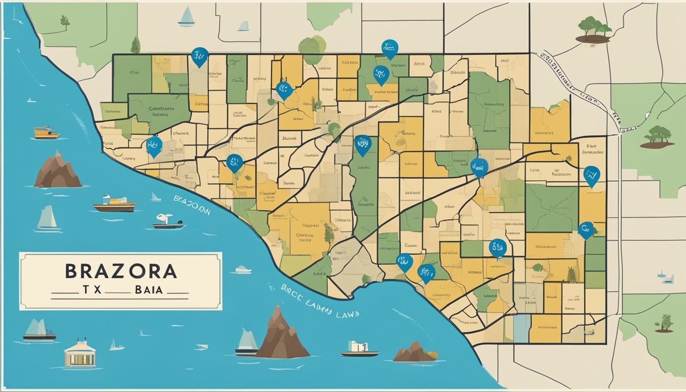 A map showing neighboring counties and cities in Brazoria County, Texas, with varying alcohol sales and drinking laws