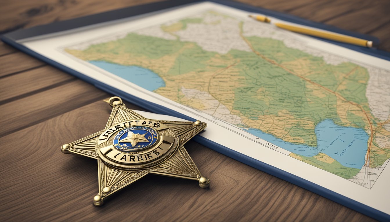 A sheriff's badge on a wooden desk, with a stack of legal documents and a framed map of Aransas County, Texas