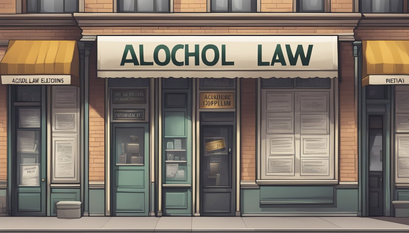 A storefront with a prominent "Alcohol Law Compliance" sign, surrounded by legal documents and regulations posted on the walls