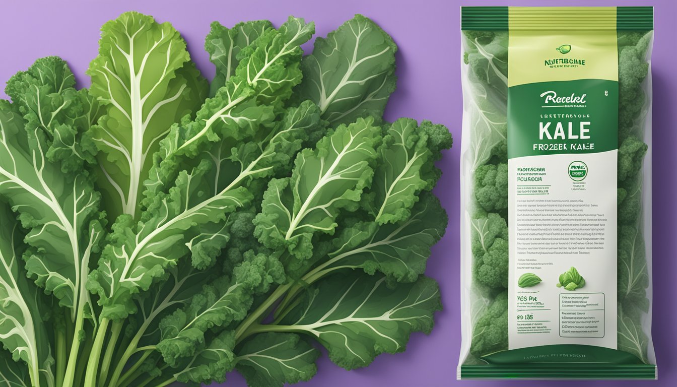 A vibrant bunch of fresh kale sits next to a bag of frozen kale. Nutritional information is displayed nearby for comparison