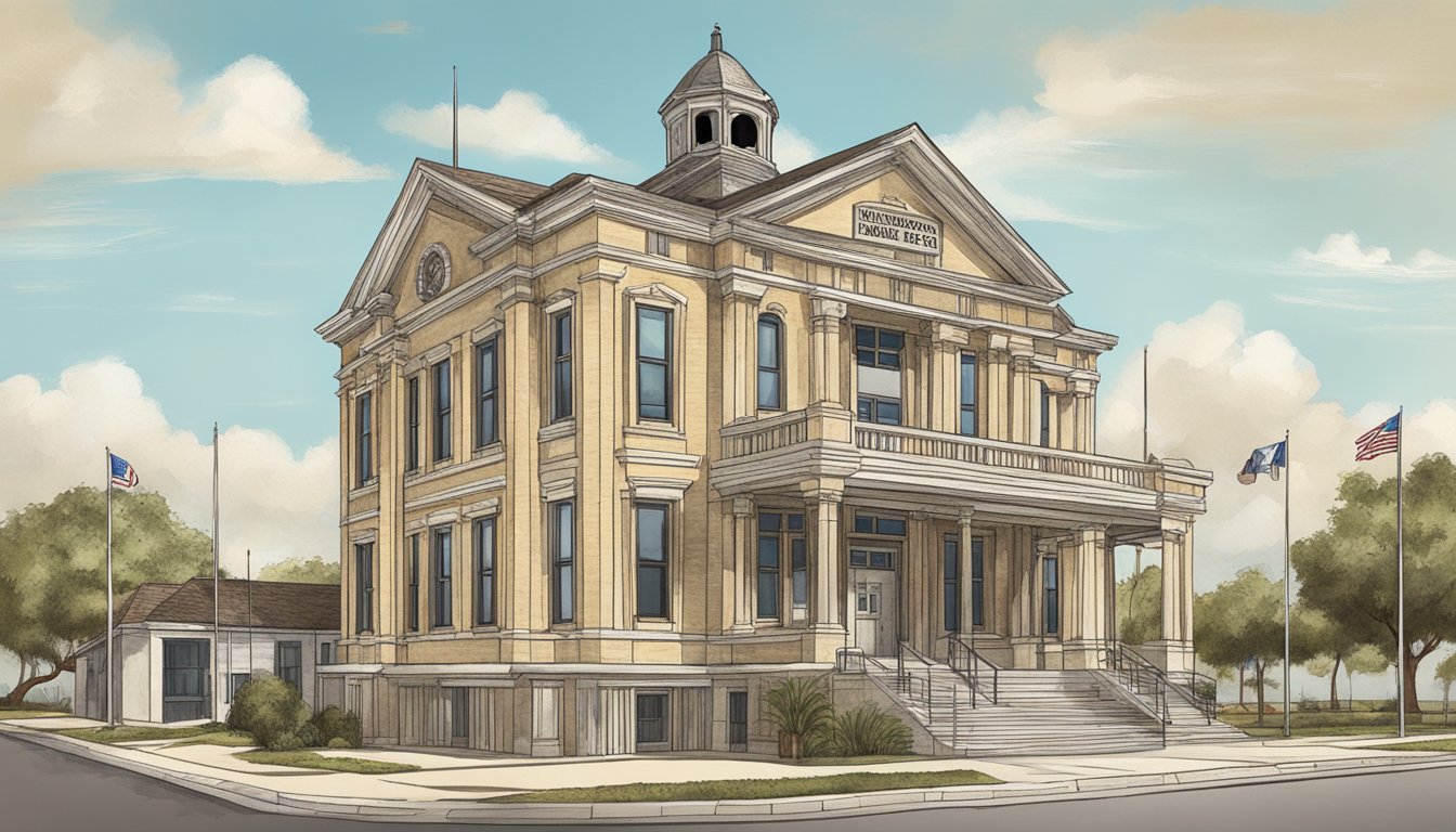 A rustic county courthouse with a sign for "Licensing and Permits" in Aransas County, Texas