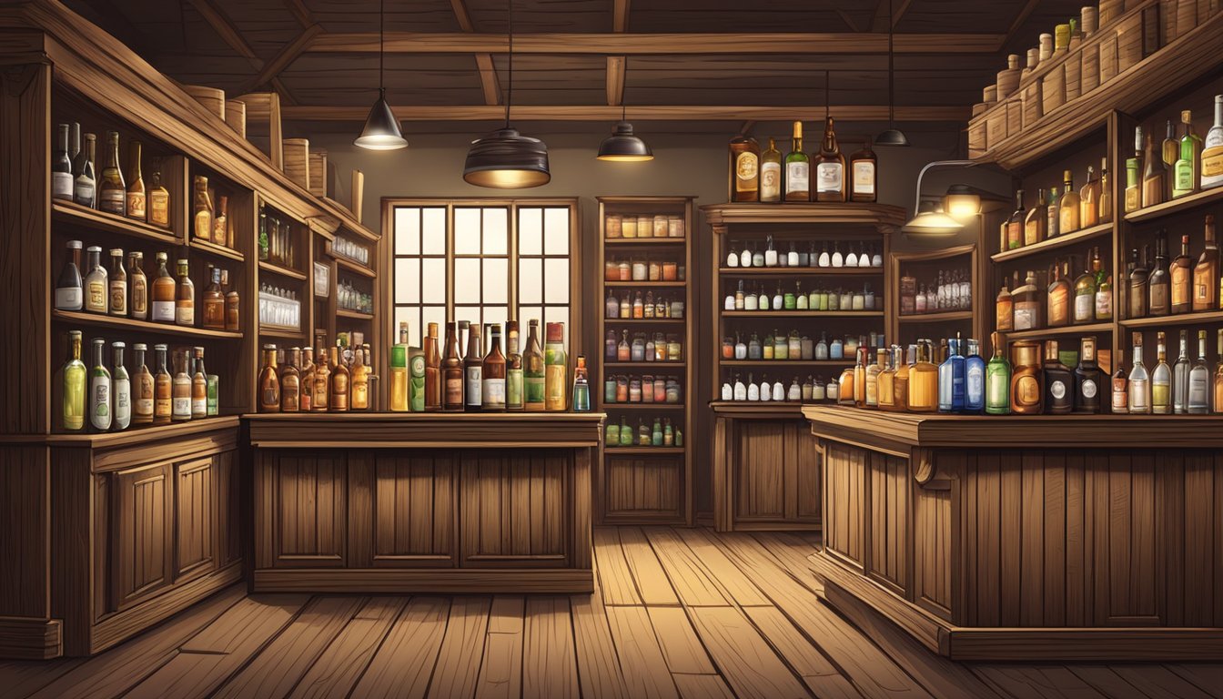 A rustic county store with shelves of alcohol and a counter for sales