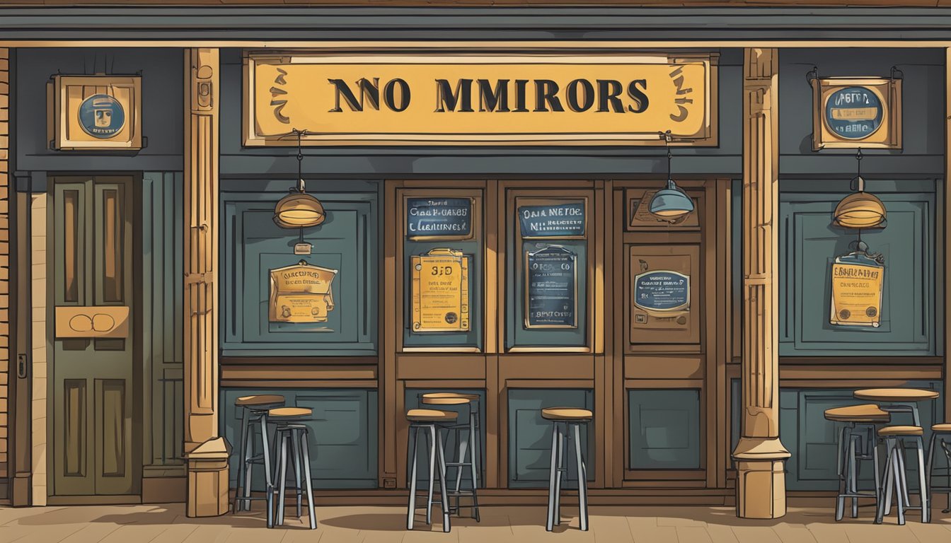 A sign outside a bar with "No Minors Allowed" and "Alcohol Regulations Enforced" displayed prominently