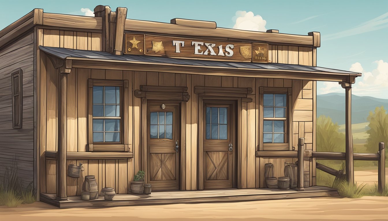 A rustic Texas town with a sheriff's badge on a saloon door