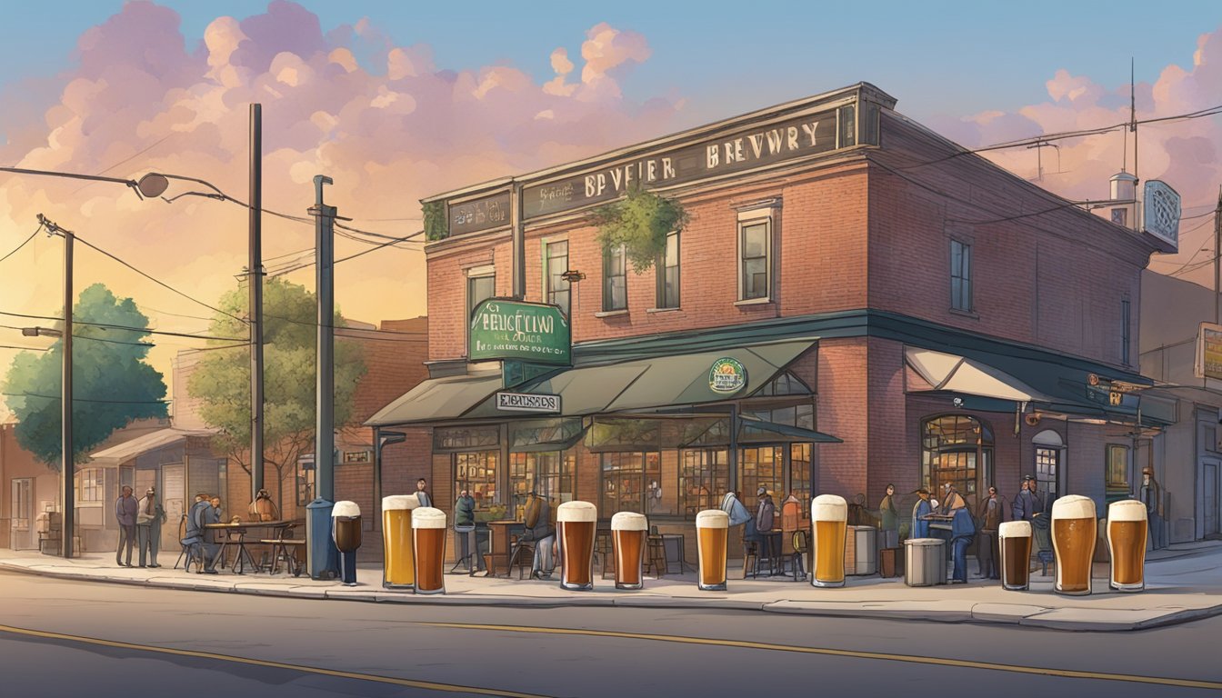 A bustling street in Brooks County, Texas, with a modern brewery and a traditional bar, surrounded by signs displaying alcohol regulations