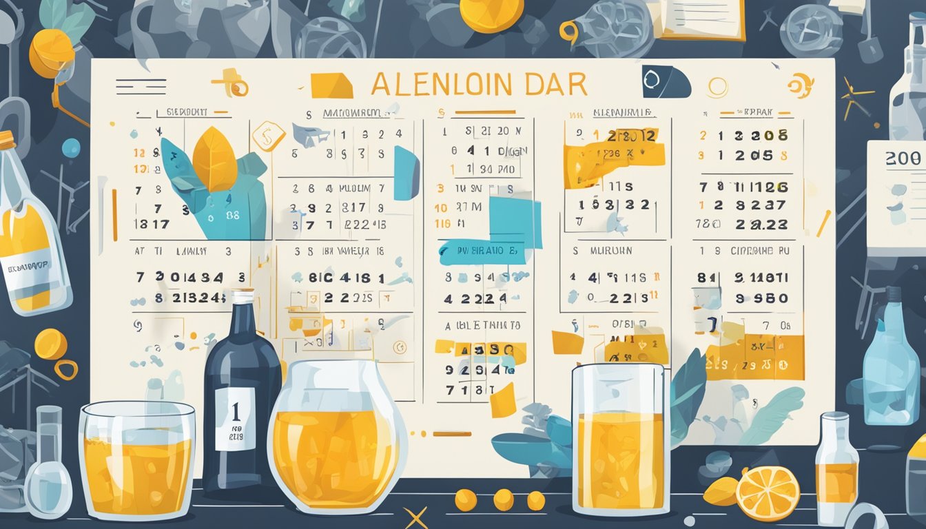 A calendar with specific dates highlighted, surrounded by symbols of alcohol and restriction signs