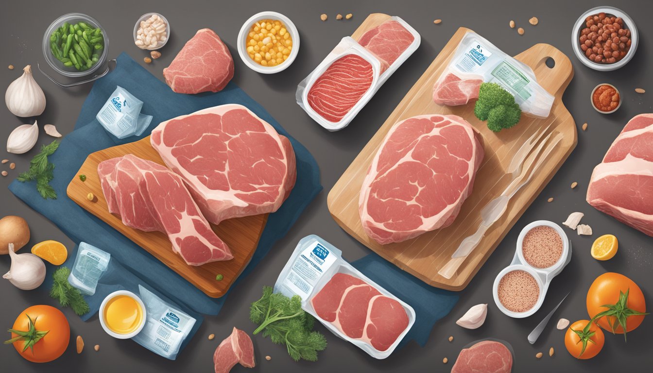 A side-by-side comparison of fresh and frozen meat, showcasing their quality, taste, and convenience through visual cues such as color, texture, and packaging