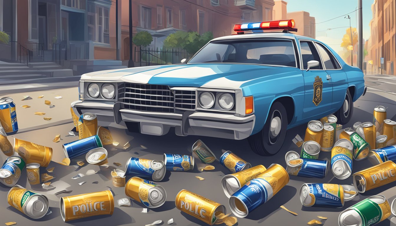 A car pulled over by police, empty beer cans scattered on the ground