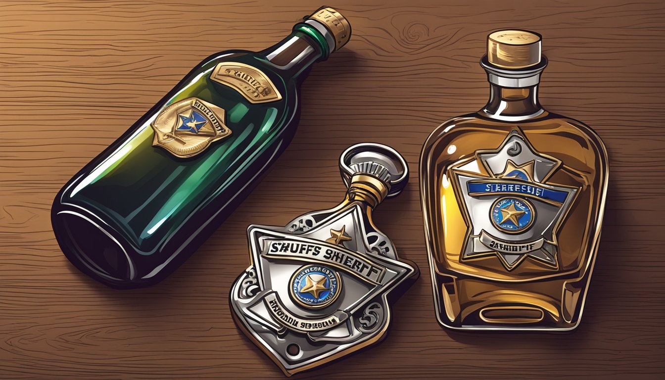 A sheriff's badge and a bottle of alcohol on a table