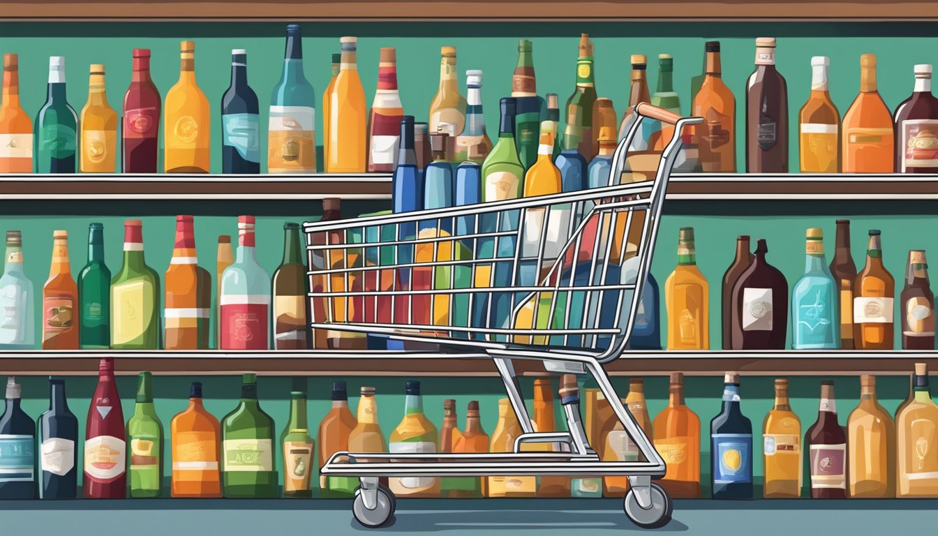 A hand placing a bottle of alcohol into a shopping cart, surrounded by various alcoholic beverages on store shelves