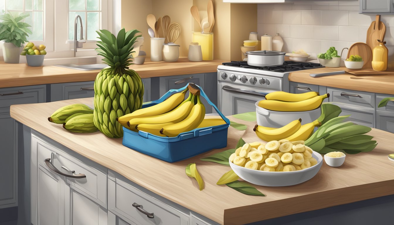 A kitchen counter with a pile of fresh bananas on one side and a bag of frozen bananas on the other, surrounded by various cooking utensils and ingredients