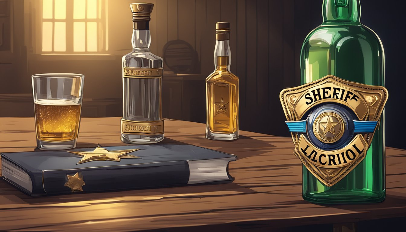 A sheriff's badge and a bottle of alcohol on a table in a dimly lit room