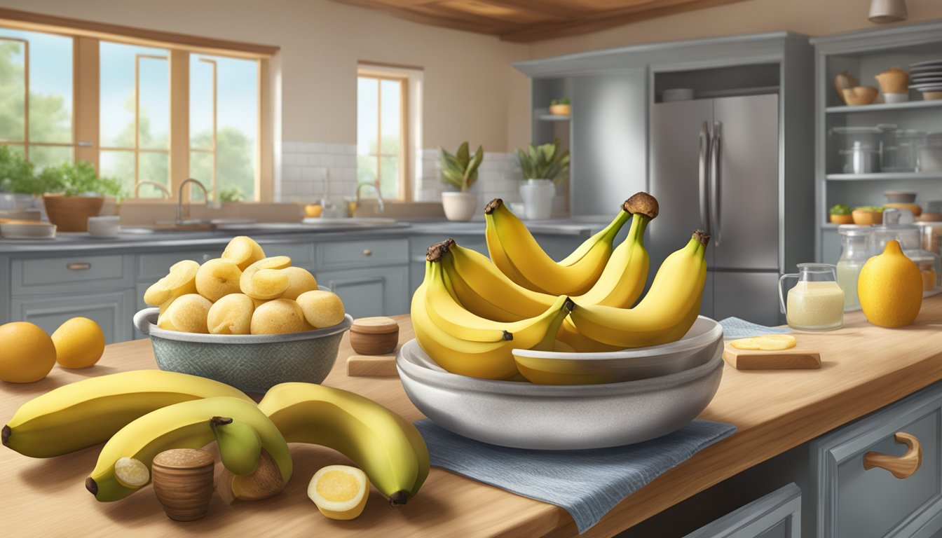 A kitchen scene with frozen and fresh bananas on a counter, showing their differences in appearance and texture. A shelf with various cooking ingredients in the background