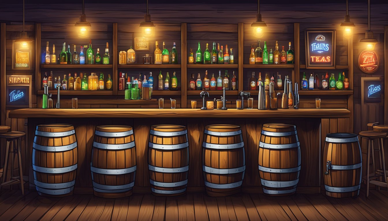 A rustic Texas bar with wooden barrels, beer taps, and neon signs