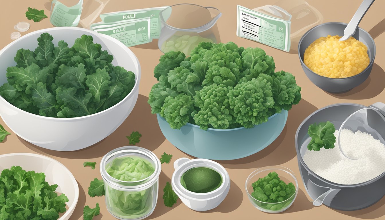 A table with fresh and frozen kale, surrounded by measuring cups and nutrition labels