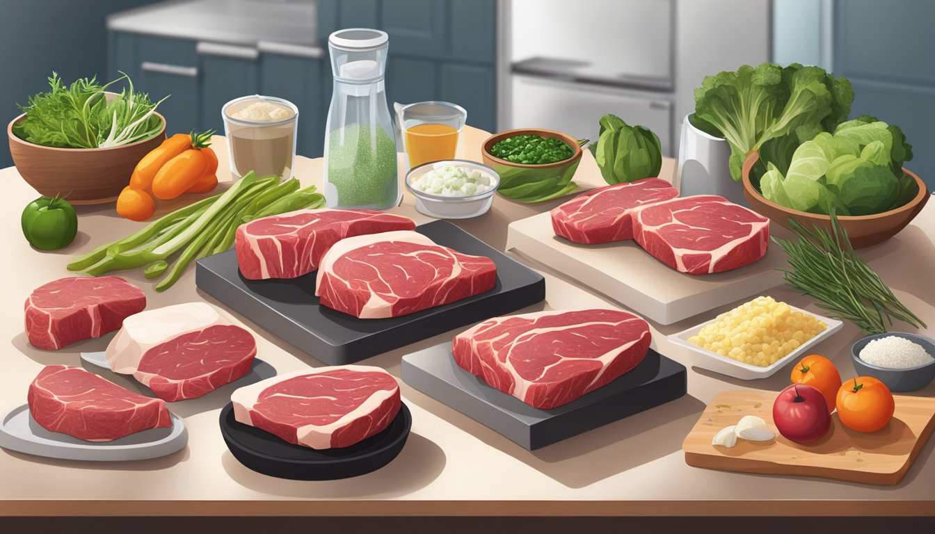 A kitchen counter displays a selection of fresh and frozen steaks, surrounded by various sustainable meal ingredients