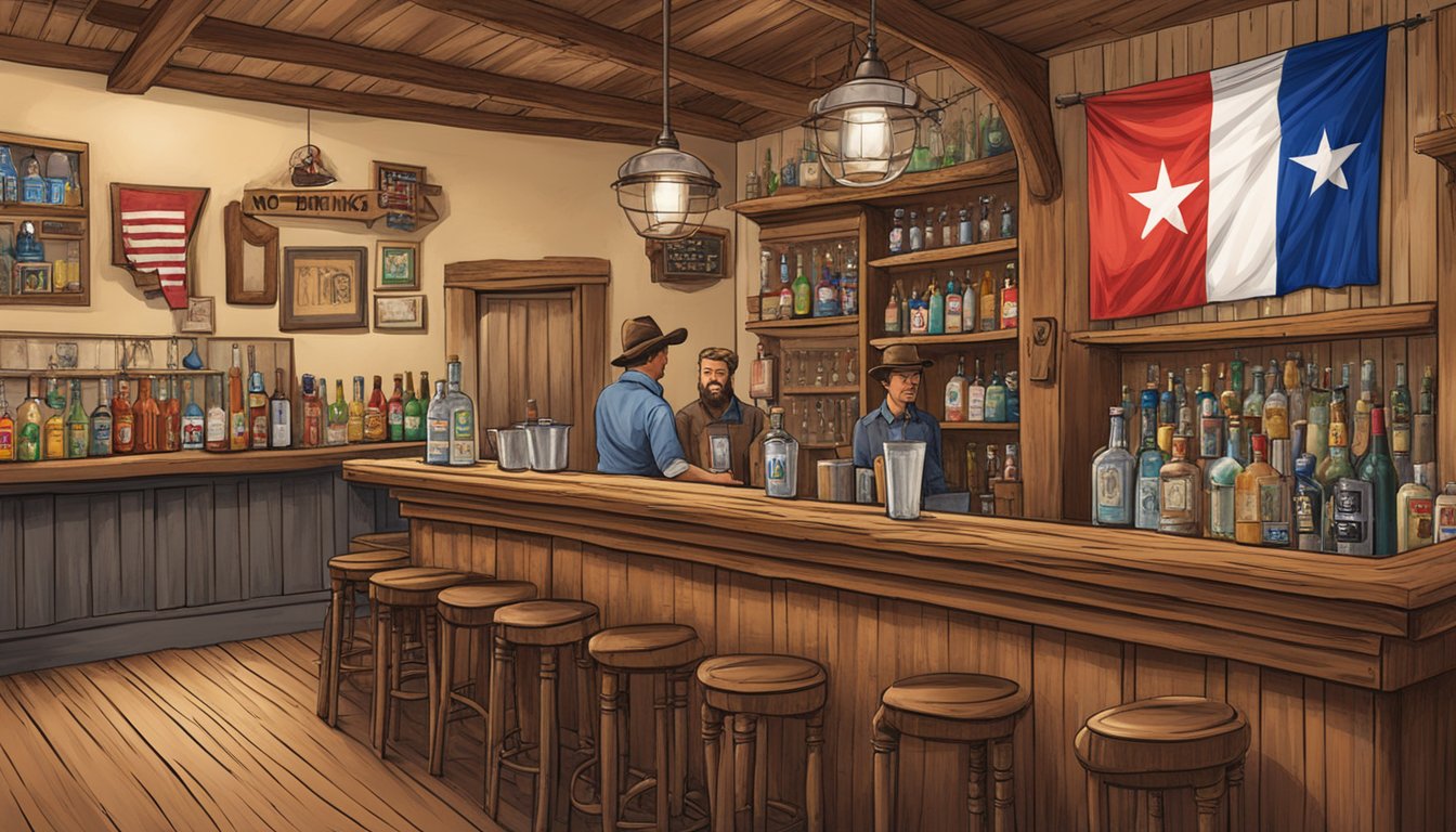 A rustic bar with Texas flags, a "no drinking under 21" sign, and a bartender checking IDs