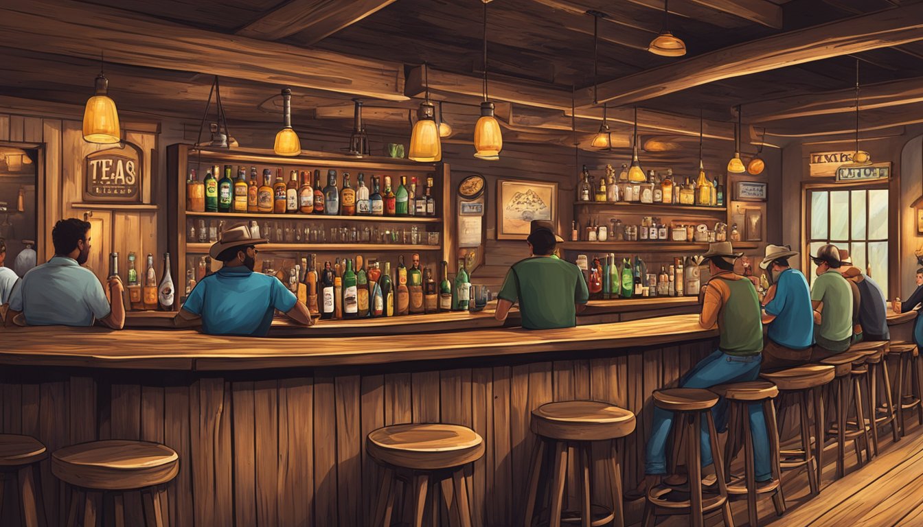 A rustic Texas bar with TABC signage and patrons enjoying drinks