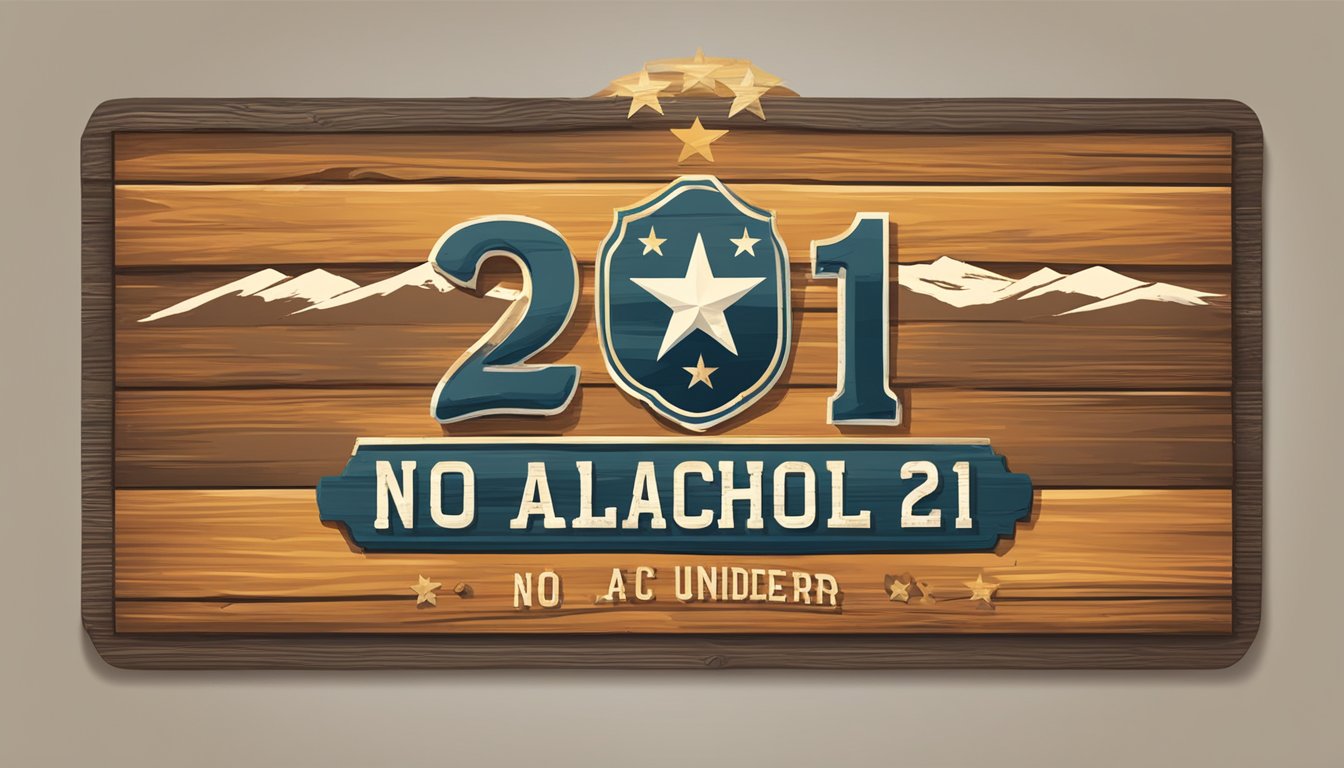 A rustic Texas bar sign with a "No Alcohol Under 21" sticker