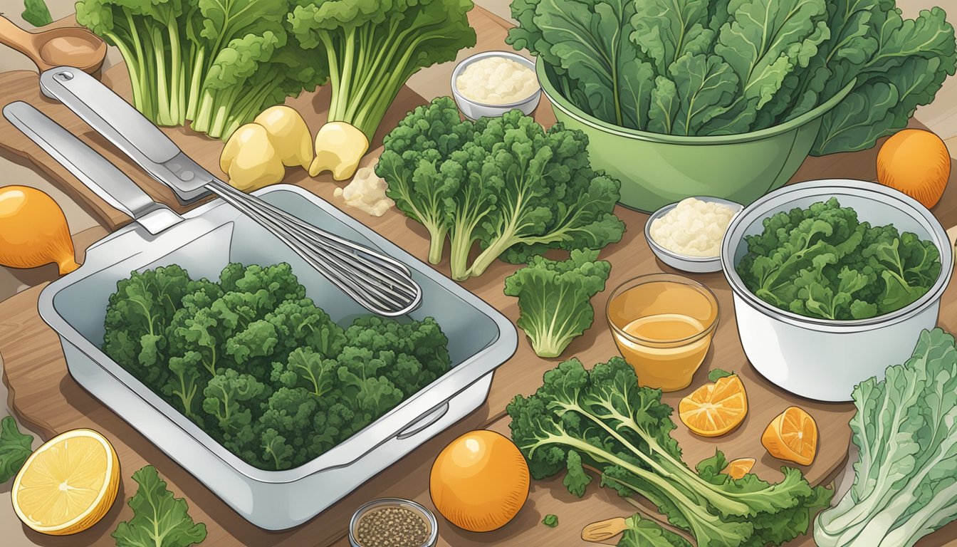 A vibrant display of fresh and frozen kale surrounded by various kitchen utensils and recipe ingredients, showcasing the versatility and nutritional benefits of both forms