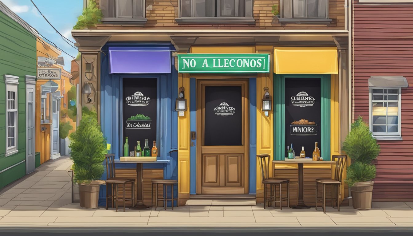 A small town bar with a "No Alcohol Sales to Minors" sign on the door