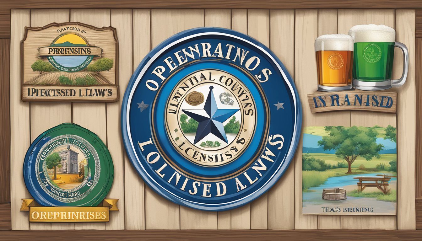 An outdoor sign displaying "Operational Laws for Licensed Premises" with a Texas county seal and images representing alcohol and drinking laws