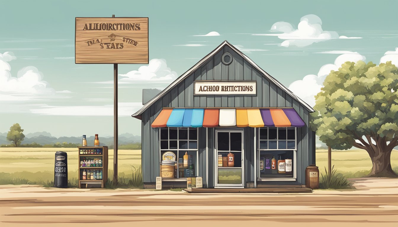 A rural Texas landscape with a small retail store and a sign displaying alcohol restrictions