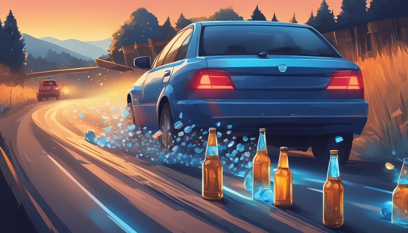 A car swerves erratically on a rural road, beer bottles littering the backseat. Red and blue lights flash in the rearview mirror