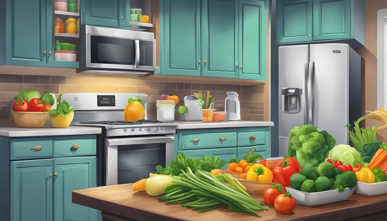 A kitchen counter with a variety of colorful fresh and frozen vegetables, a refrigerator in the background