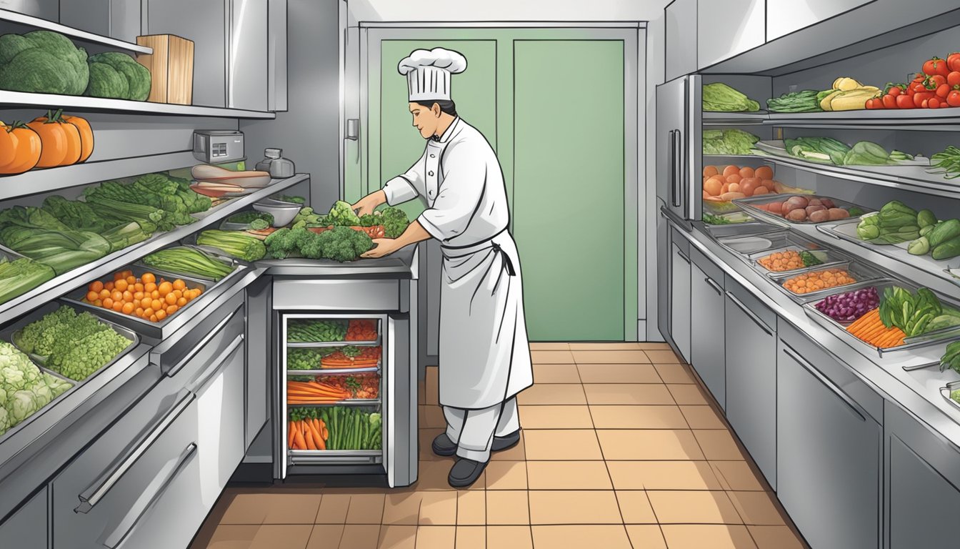 A bustling kitchen with a chef chopping fresh vegetables next to a freezer stocked with various frozen vegetable options