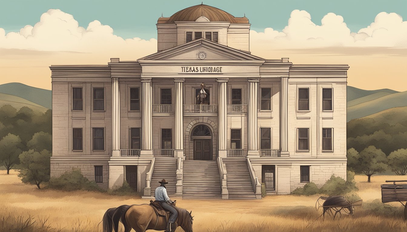 A rustic Texas county courthouse with a prominent sign displaying "Texas Alcoholic Beverage Code Overview" surrounded by rolling hills and a lone cowboy on horseback