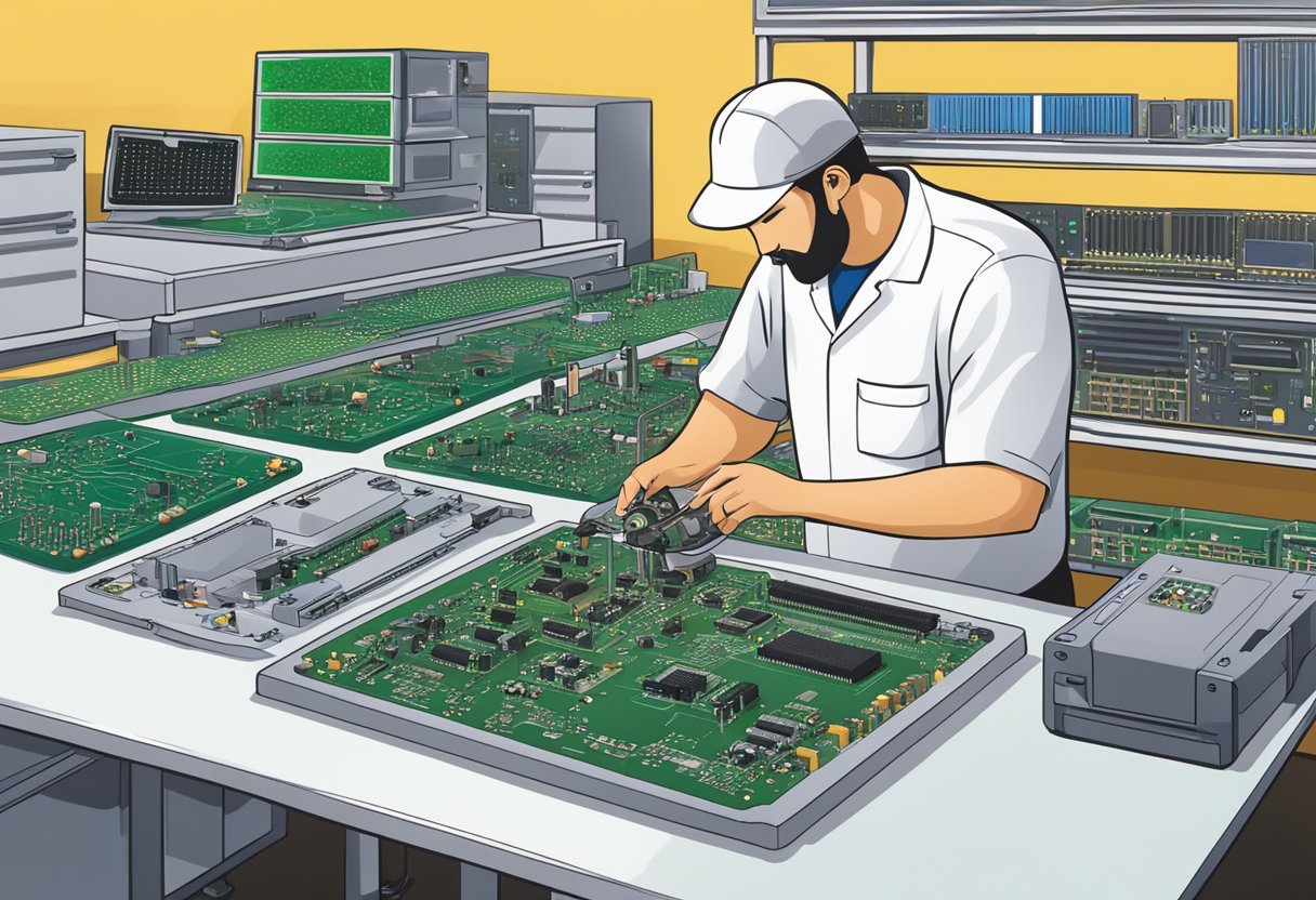 A technician assembling circuit boards in an electronics lab