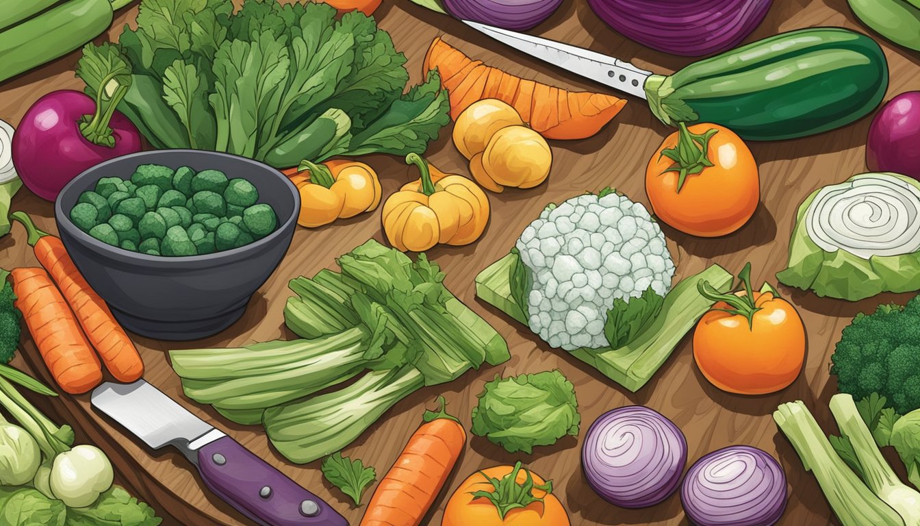 A colorful array of fresh and frozen vegetables arranged on a cutting board, with a knife and bowl nearby. The fresh vegetables look vibrant and crisp, while the frozen ones are neatly packaged and icy