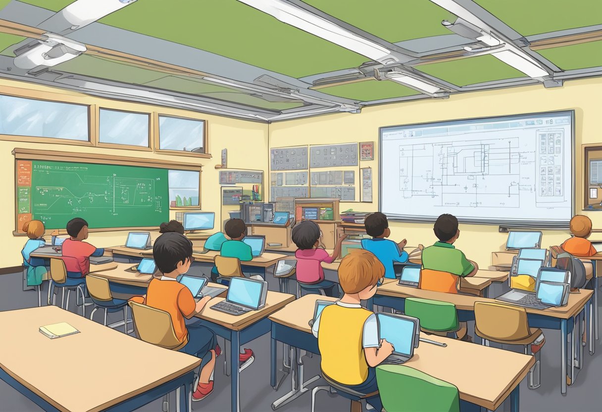 A classroom with electronic components, circuit diagrams, and a teacher instructing students