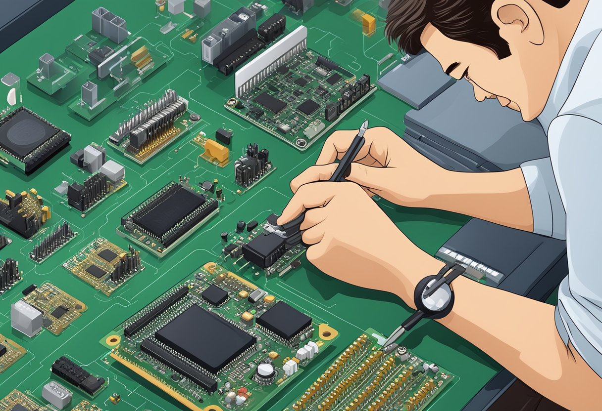 A technician assembling electronic components on a circuit board