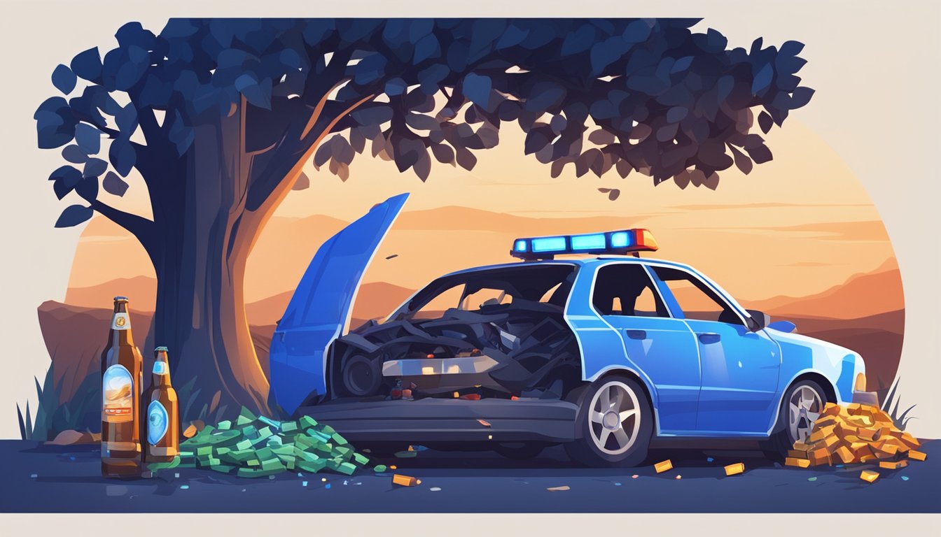 A car crashed into a tree on the side of a rural road, with empty beer bottles scattered on the ground. Blue and red flashing lights from police cars illuminate the scene