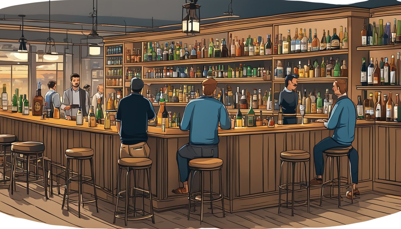 A bar scene with various types of alcoholic beverages displayed on shelves and tables, with patrons enjoying drinks in the background