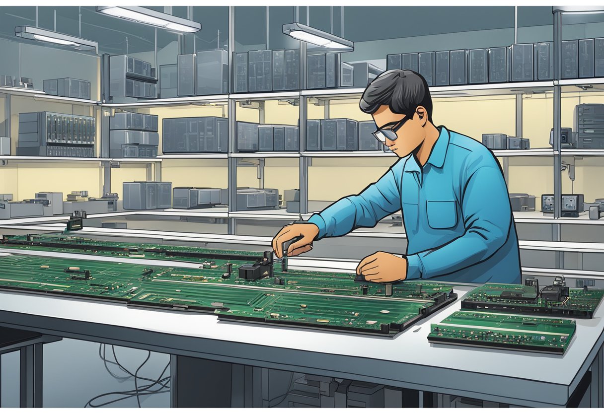 A technician assembling circuit boards in a state-of-the-art electronics engineering lab