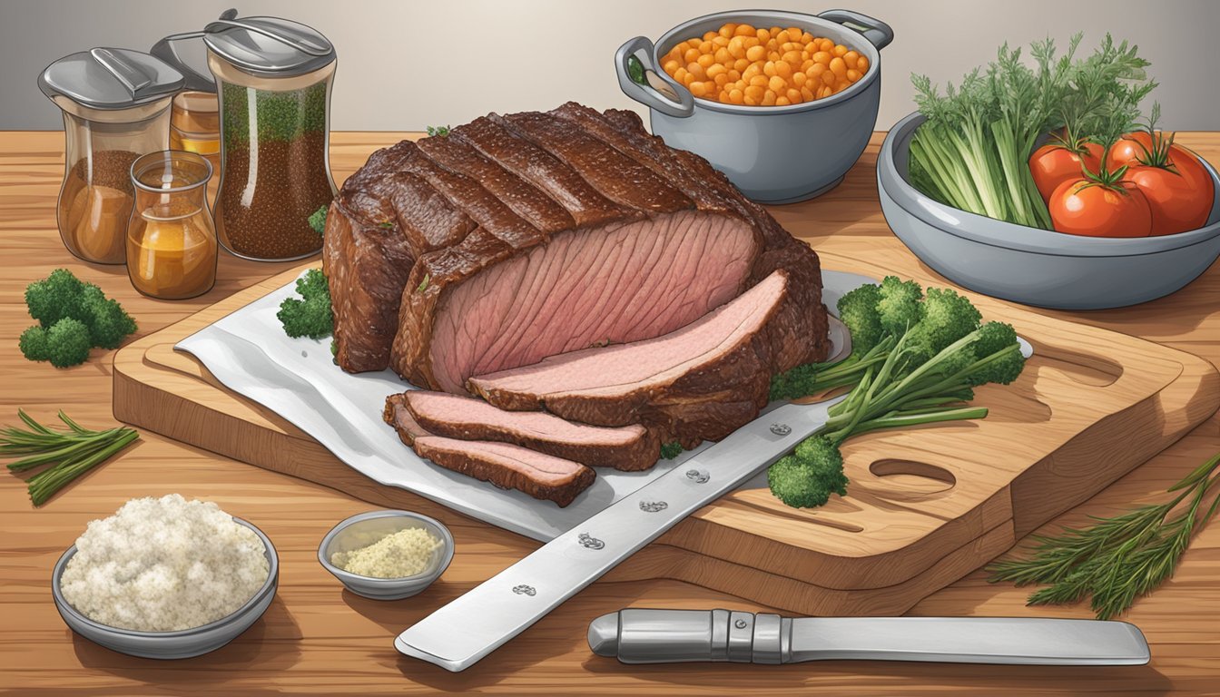 A side-by-side comparison of a frozen and fresh rib roast on a cutting board, surrounded by various cooking utensils and seasonings