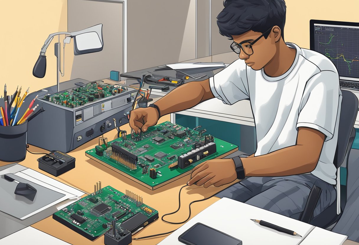 A student working on a circuit board with various electronic components and tools on a desk in a classroom