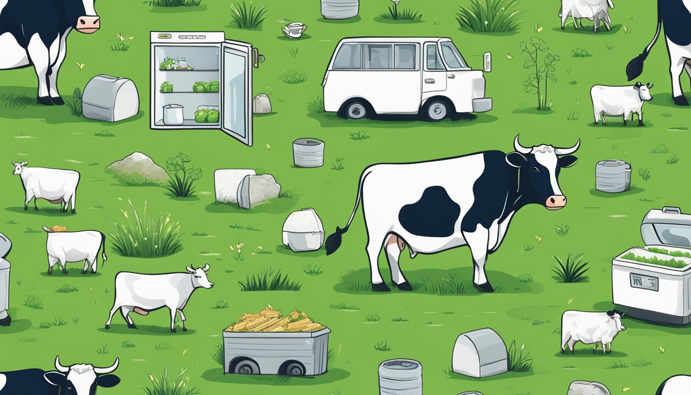 A lush green field with a cow grazing on the left and a freezer on the right, surrounded by signs with environmental and ethical symbols